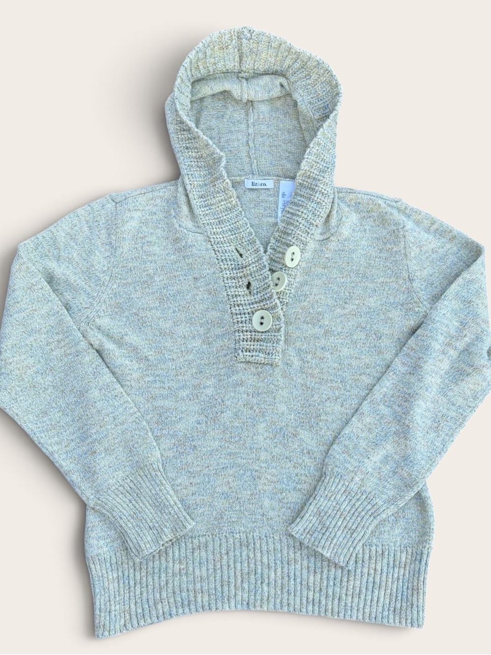 Liz & Co Marled Hooded Sweater XL Button Neck Cozy Knit Pullover